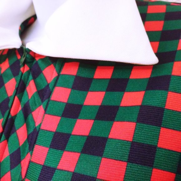 Vintage 60s Anjac Jack Needleman Checked Dress -M(8) Zip-Front Collar Red Teal - Picture 7 of 10